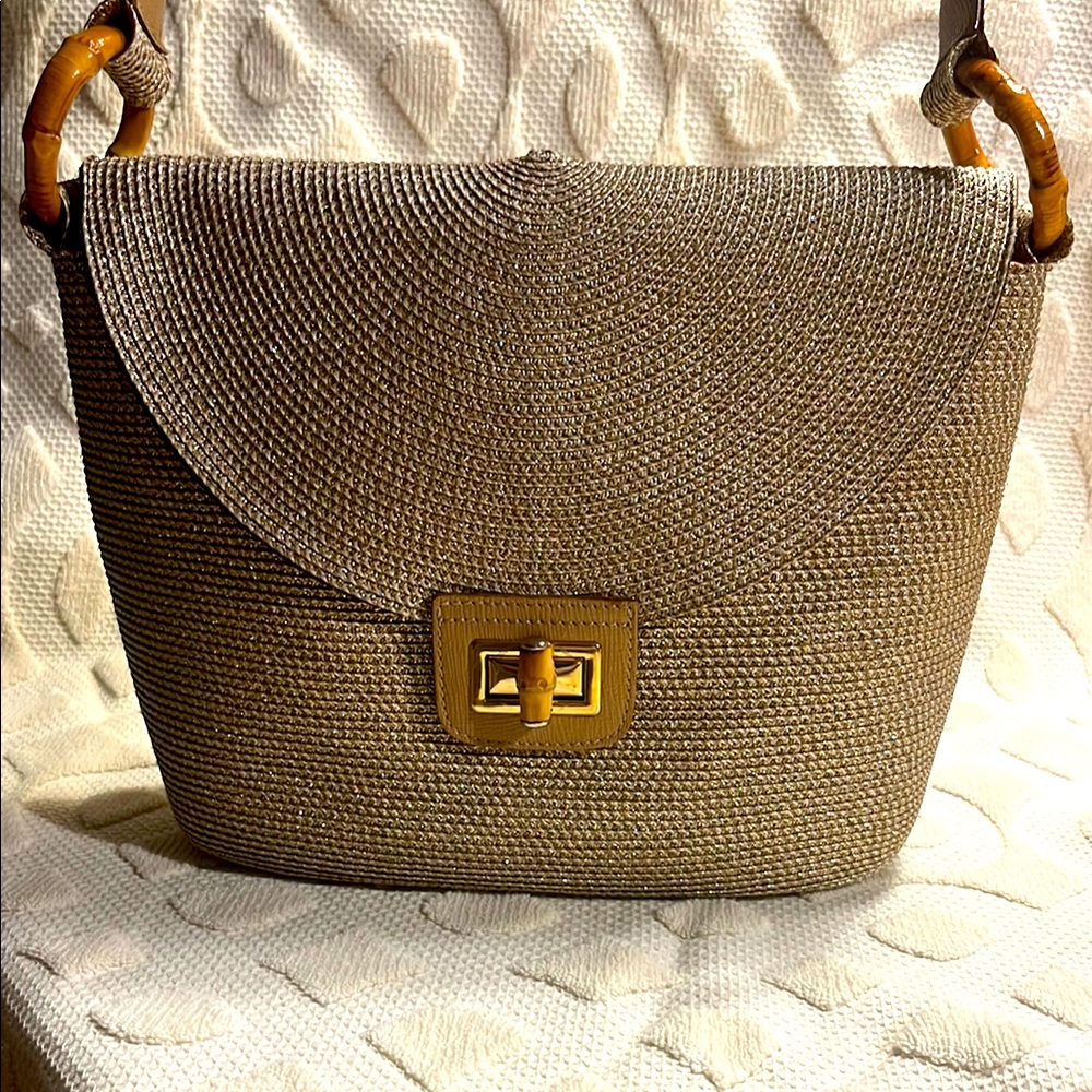 Eric Javets New York gold sparkling shoulder bag. Bamboo and gold accents.